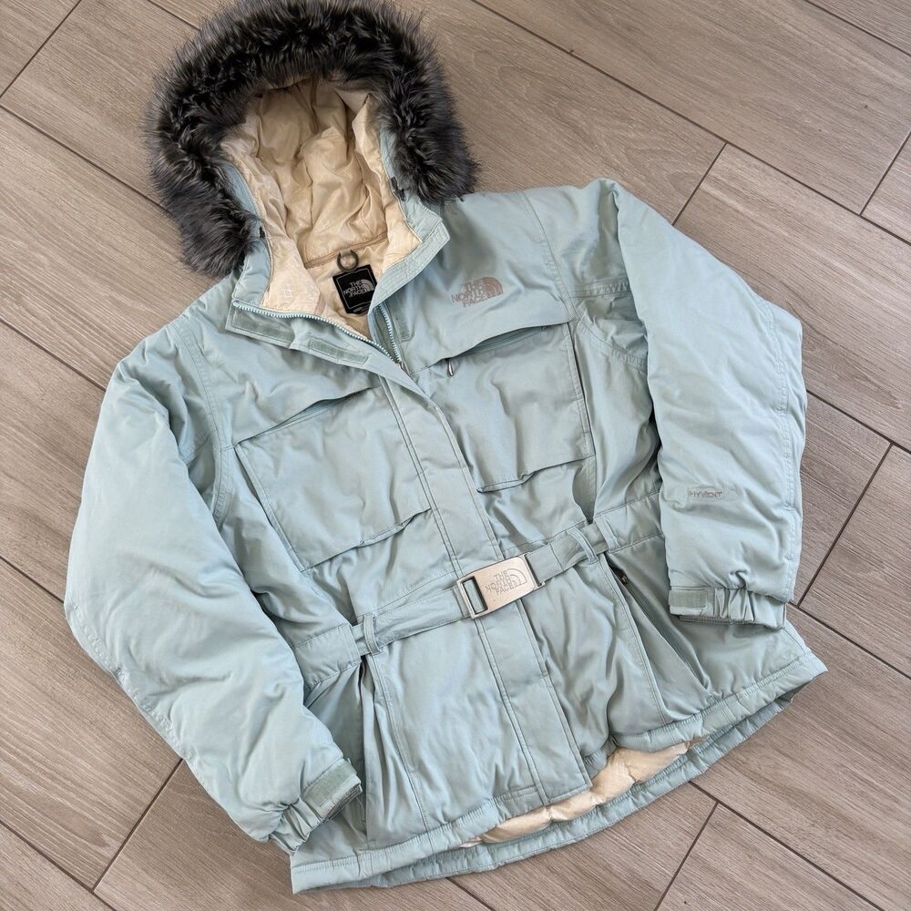 The North Face Greenland Goose Down Faux Fur Coat XL Jacket Waterproof Hood FLAW